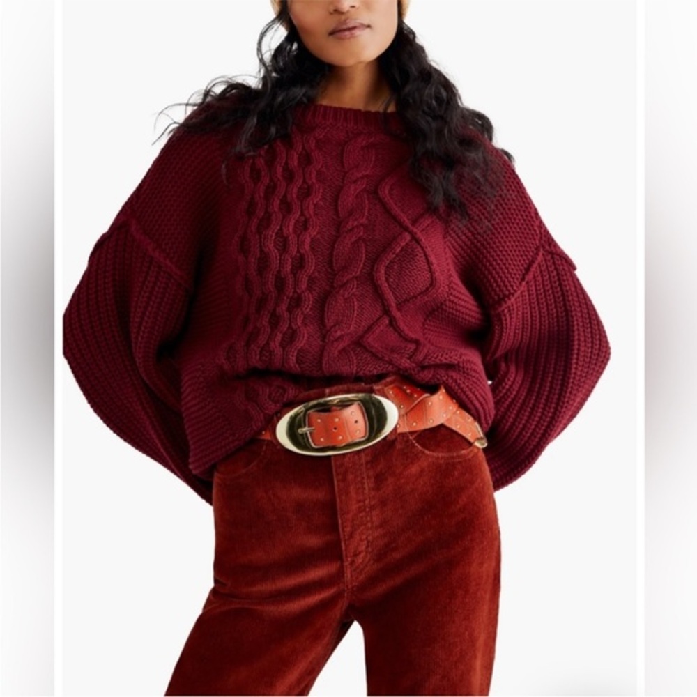 Free People Dream Cable Knit Sweater in Maroon Burgundy Cabernet